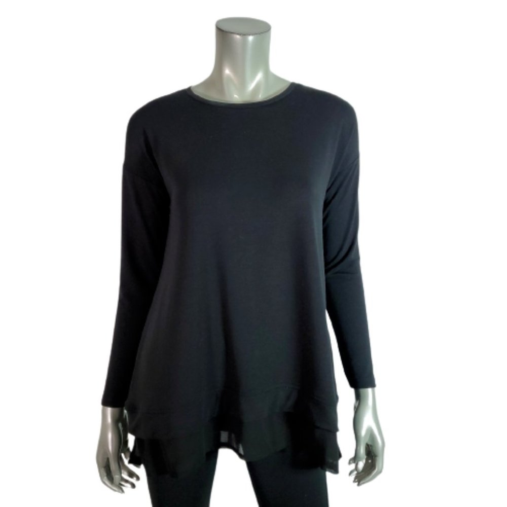Soft Surroundings Top Size XS Tunic Chiffon Hem Stretch Crew Neck Pullover Black